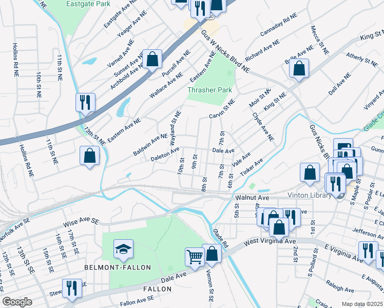 map of restaurants, bars, coffee shops, grocery stores, and more near 321 9th Street in Vinton