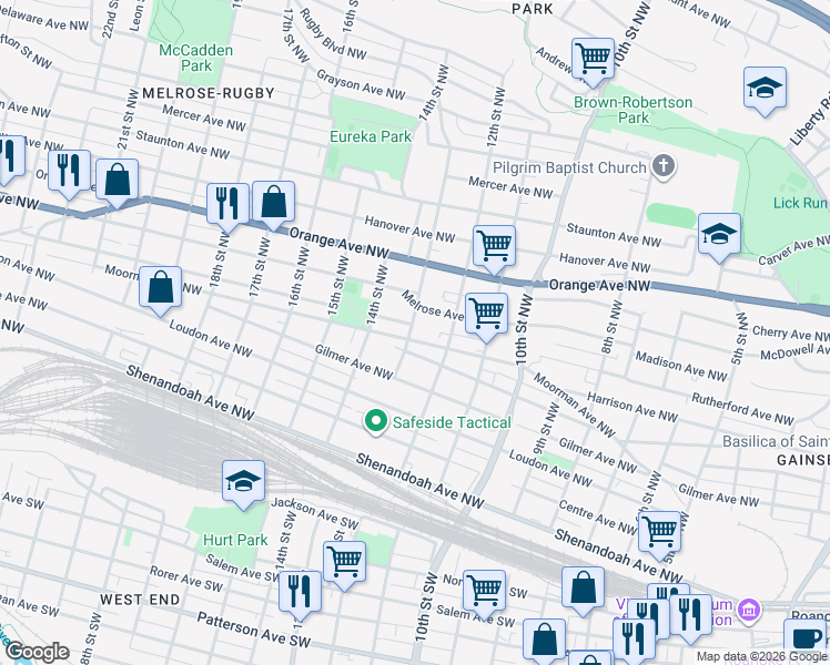 map of restaurants, bars, coffee shops, grocery stores, and more near 606 13th Street Northwest in Roanoke