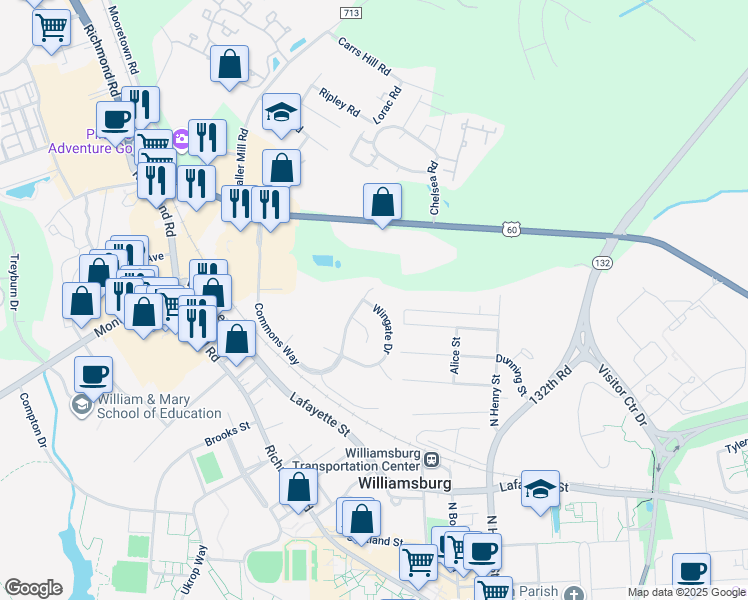 map of restaurants, bars, coffee shops, grocery stores, and more near 238 Wingate Drive in Williamsburg