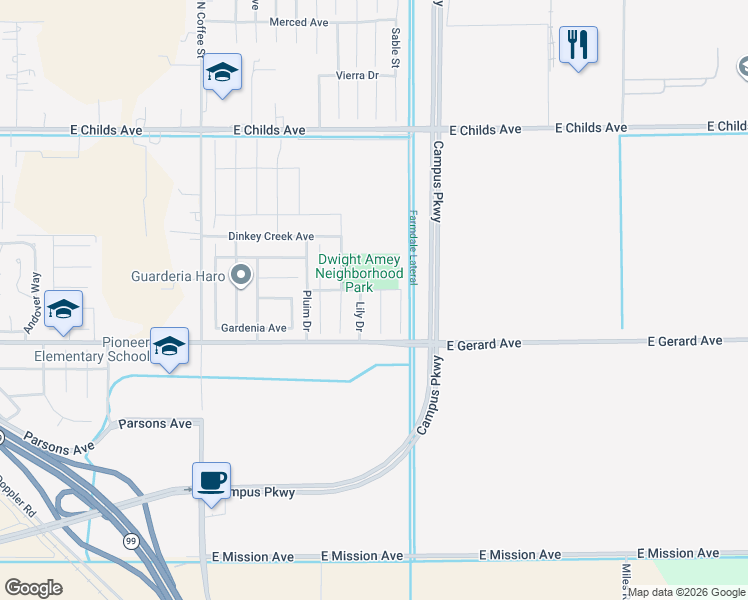map of restaurants, bars, coffee shops, grocery stores, and more near 413 Hydrangea Court in Merced