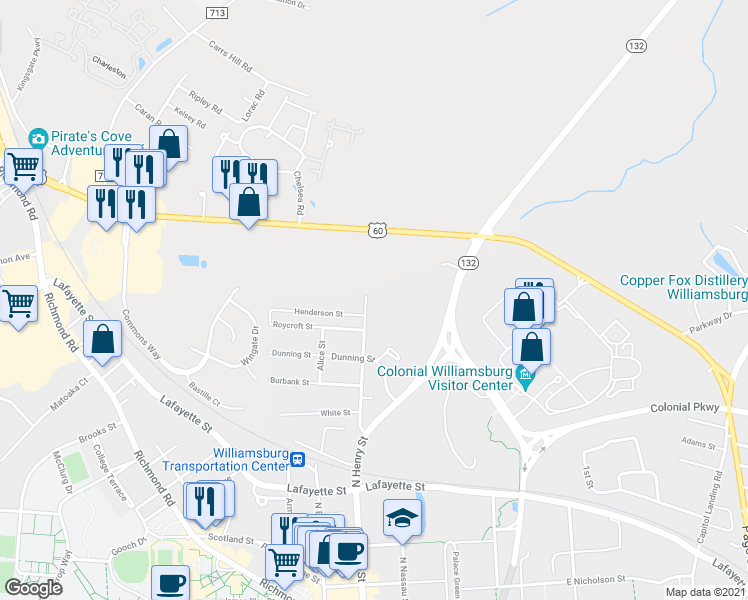 map of restaurants, bars, coffee shops, grocery stores, and more near 919 North Henry Street in Williamsburg