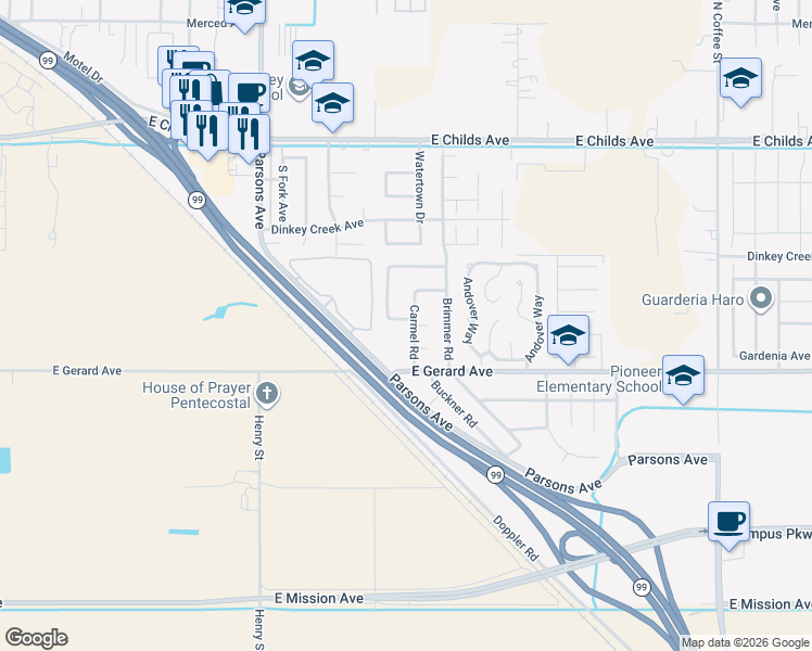 map of restaurants, bars, coffee shops, grocery stores, and more near 2256 Fern Avenue in Merced