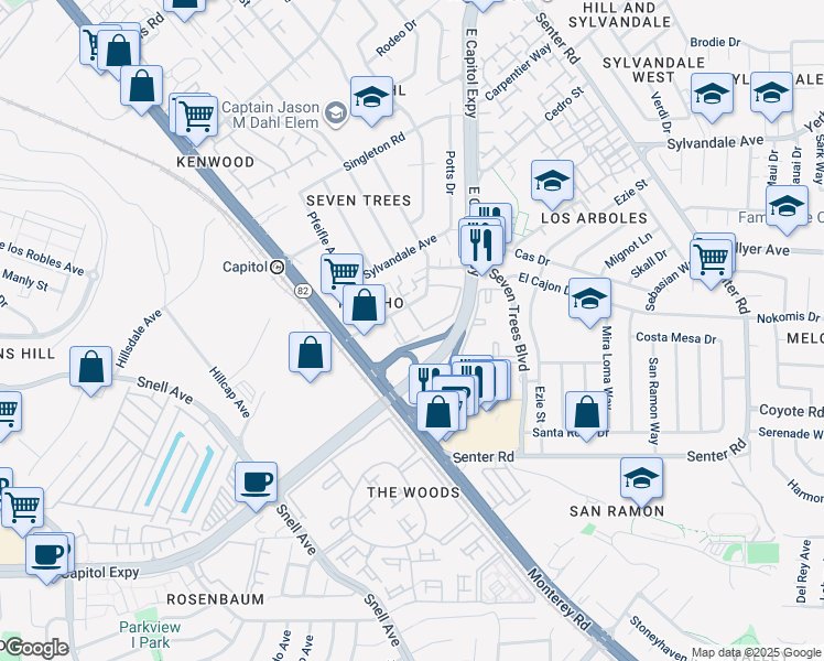 map of restaurants, bars, coffee shops, grocery stores, and more near 124 Rancho Drive in San Jose