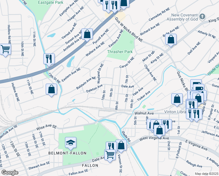 map of restaurants, bars, coffee shops, grocery stores, and more near 1714 Daleton Avenue in Vinton