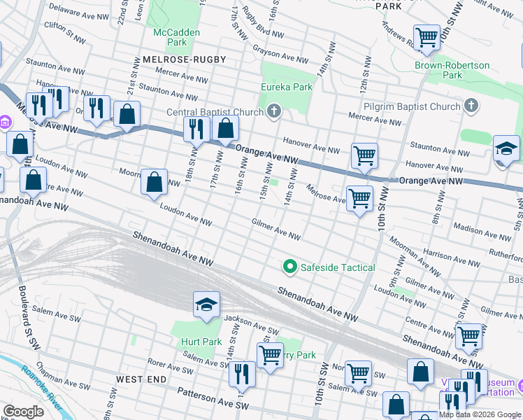 map of restaurants, bars, coffee shops, grocery stores, and more near 506 15th Street Northwest in Roanoke