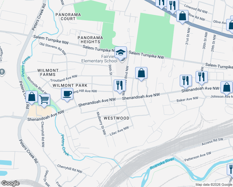map of restaurants, bars, coffee shops, grocery stores, and more near 525 36th Street in Roanoke