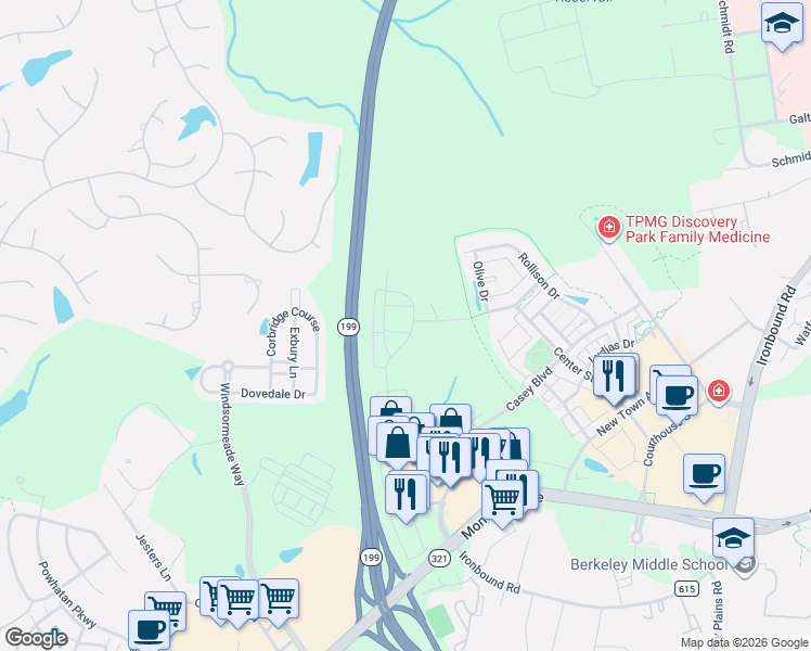 map of restaurants, bars, coffee shops, grocery stores, and more near Humelsine Parkway in Williamsburg