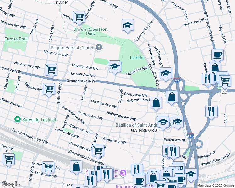 map of restaurants, bars, coffee shops, grocery stores, and more near 508 Chestnut Avenue Northwest in Roanoke