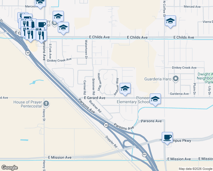 map of restaurants, bars, coffee shops, grocery stores, and more near 2499 East Gerard Avenue in Merced