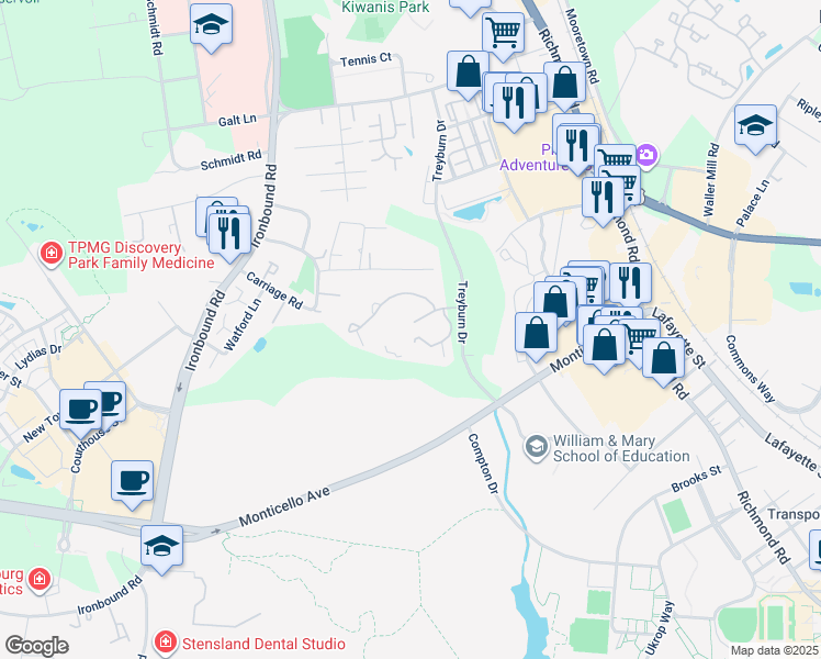 map of restaurants, bars, coffee shops, grocery stores, and more near 3800 Treyburn Drive in Williamsburg