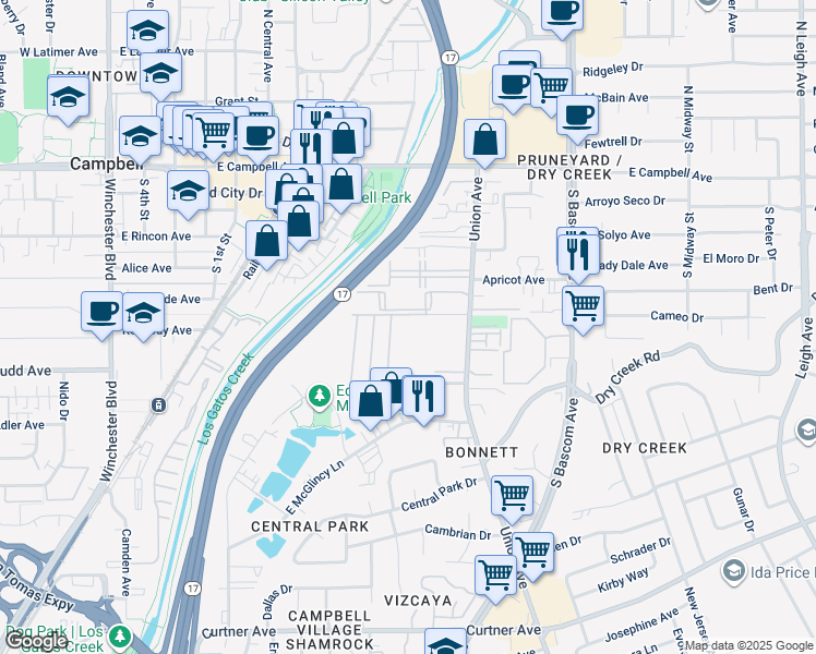 map of restaurants, bars, coffee shops, grocery stores, and more near 325 Union Avenue in Campbell
