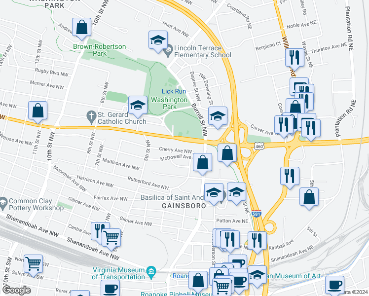 map of restaurants, bars, coffee shops, grocery stores, and more near 215 Cherry Avenue Northwest in Roanoke