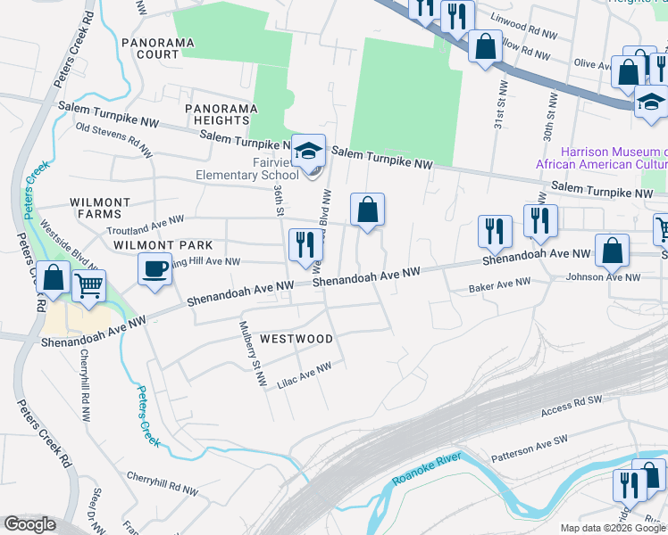 map of restaurants, bars, coffee shops, grocery stores, and more near 524 Crowmoor St NW in Roanoke