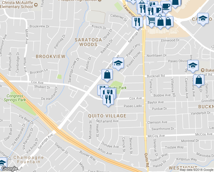map of restaurants, bars, coffee shops, grocery stores, and more near 18944 Sara Park Circle in Saratoga