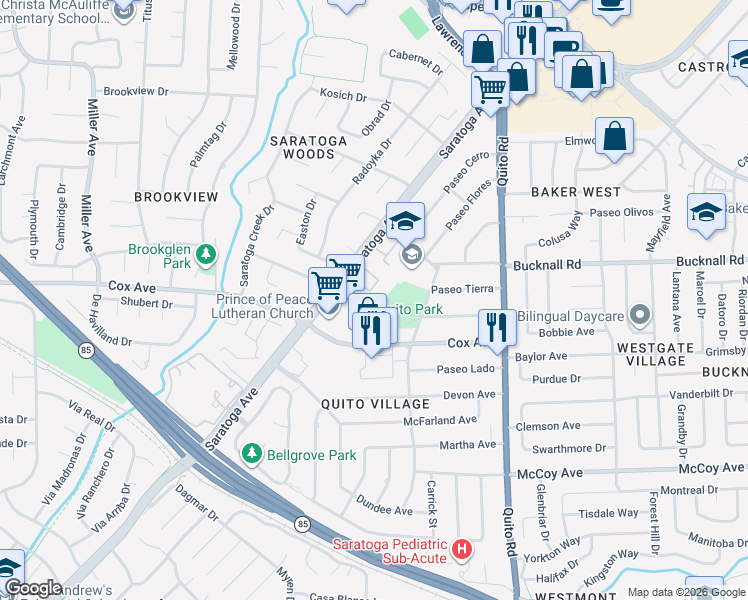map of restaurants, bars, coffee shops, grocery stores, and more near 18944 Sara Park Circle in Saratoga