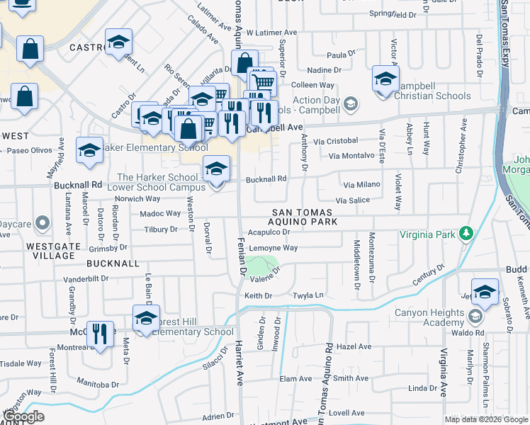 map of restaurants, bars, coffee shops, grocery stores, and more near 4129 West Rincon Avenue in Campbell