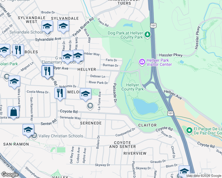 map of restaurants, bars, coffee shops, grocery stores, and more near 4351 Palisade Drive in San Jose