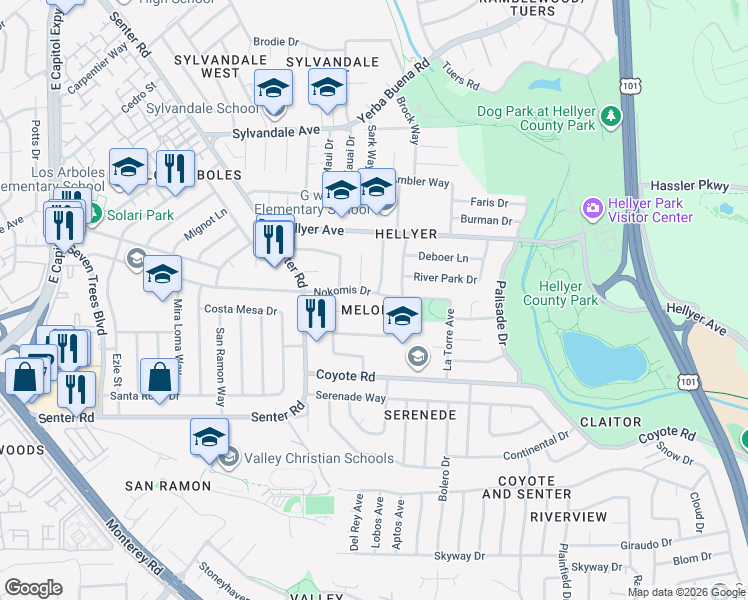 map of restaurants, bars, coffee shops, grocery stores, and more near 4148 Valleybrook Court in San Jose