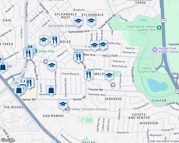 map of restaurants, bars, coffee shops, grocery stores, and more near 531 Nokomis Drive in San Jose