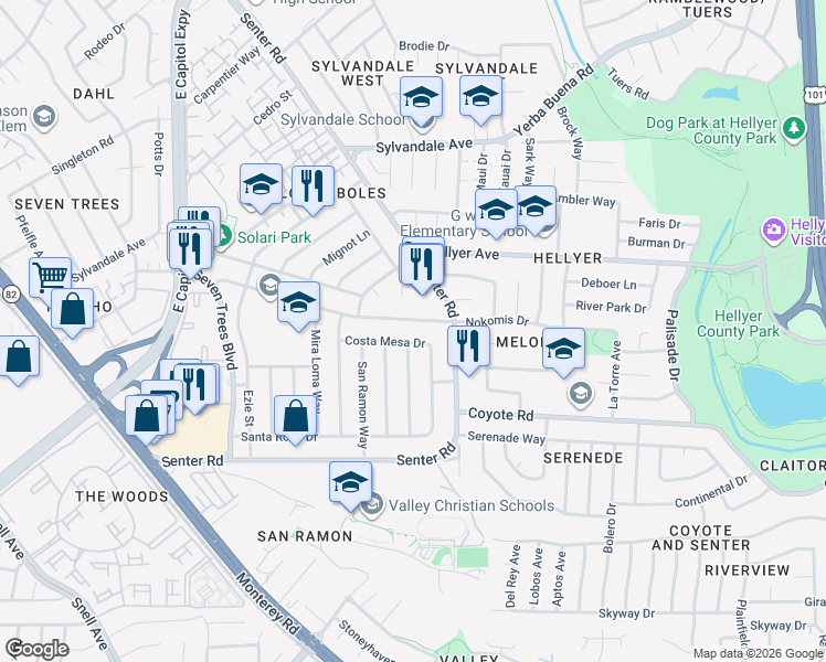 map of restaurants, bars, coffee shops, grocery stores, and more near 451 El Cajon Drive in San Jose