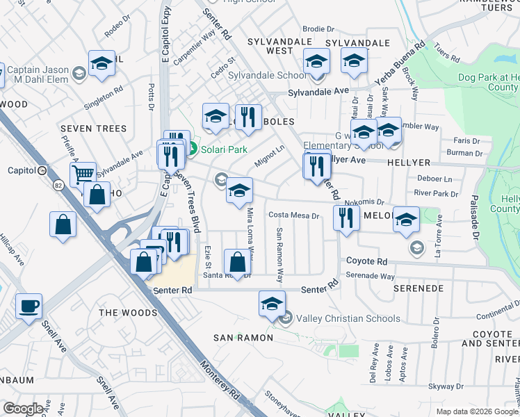 map of restaurants, bars, coffee shops, grocery stores, and more near 336 El Cajon Drive in San Jose