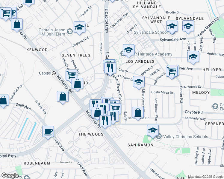 map of restaurants, bars, coffee shops, grocery stores, and more near 3899 Seven Trees Boulevard in San Jose