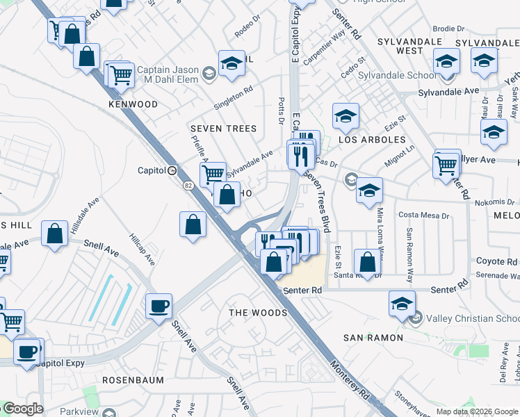map of restaurants, bars, coffee shops, grocery stores, and more near 124 Rancho Drive in San Jose