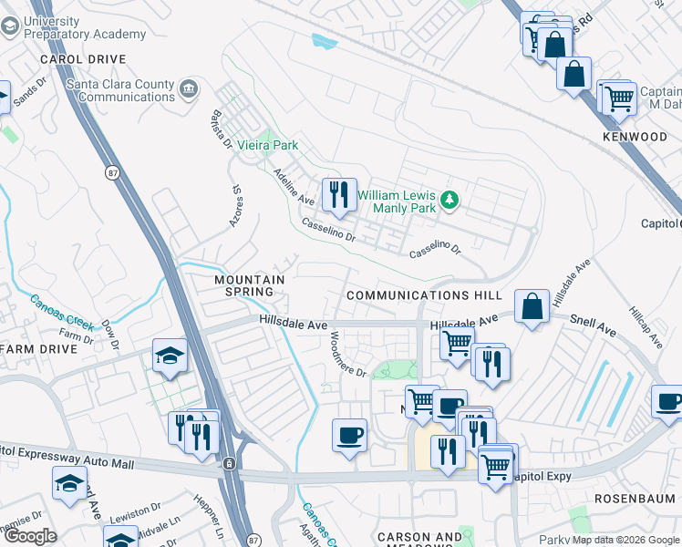 map of restaurants, bars, coffee shops, grocery stores, and more near 540 King George Avenue in San Jose