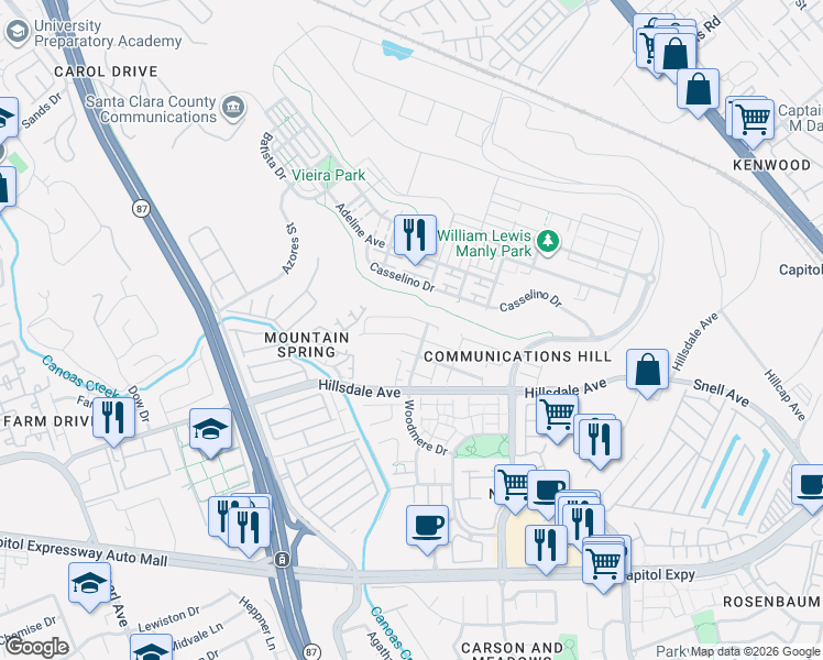 map of restaurants, bars, coffee shops, grocery stores, and more near 540 King George Avenue in San Jose