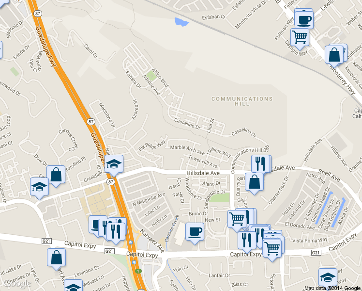 map of restaurants, bars, coffee shops, grocery stores, and more near 540 King George Avenue in San Jose