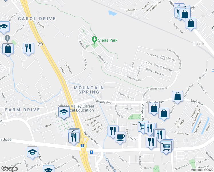 map of restaurants, bars, coffee shops, grocery stores, and more near 620 King George Avenue in San Jose