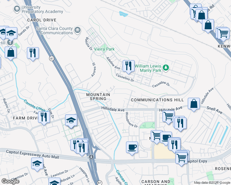 map of restaurants, bars, coffee shops, grocery stores, and more near 620 King George Avenue in San Jose