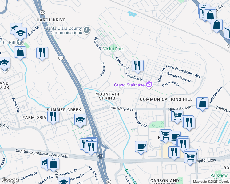 map of restaurants, bars, coffee shops, grocery stores, and more near 3051 Teal Ridge Court in San Jose