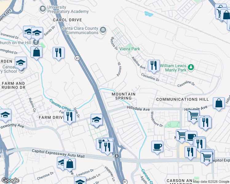 map of restaurants, bars, coffee shops, grocery stores, and more near 221 Mountain Springs Drive in San Jose