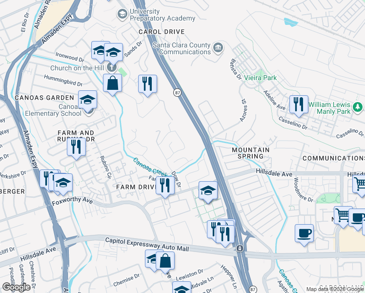 map of restaurants, bars, coffee shops, grocery stores, and more near 3012 Canoas Creek Court in San Jose
