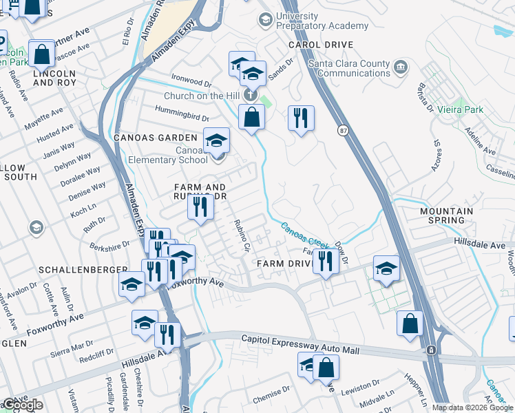 map of restaurants, bars, coffee shops, grocery stores, and more near 805 Romani Court in San Jose