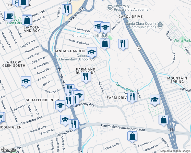 map of restaurants, bars, coffee shops, grocery stores, and more near 2883 Rubino Circle in San Jose