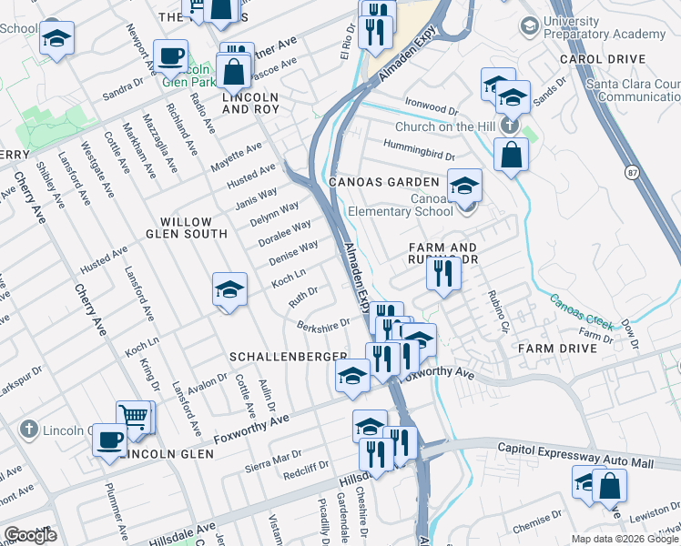 map of restaurants, bars, coffee shops, grocery stores, and more near 1110 Koch Lane in San Jose