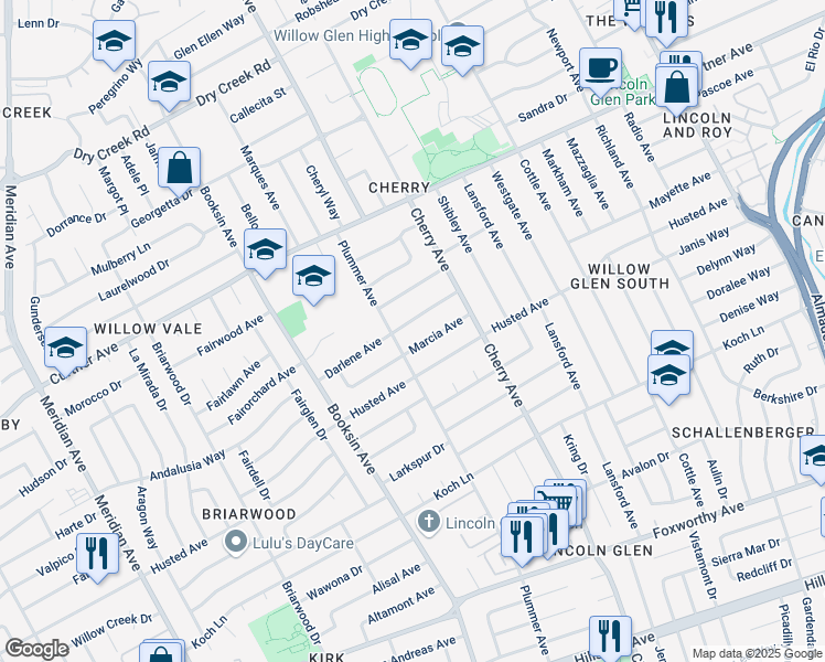 map of restaurants, bars, coffee shops, grocery stores, and more near 1510 Darlene Avenue in San Jose