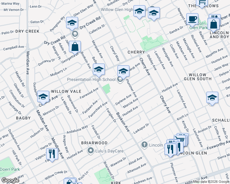 map of restaurants, bars, coffee shops, grocery stores, and more near 2281 Plummer Avenue in San Jose