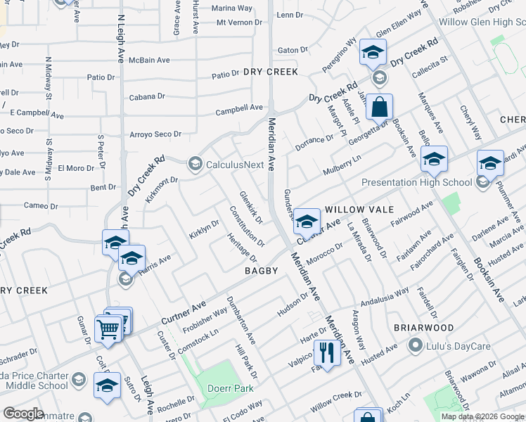 map of restaurants, bars, coffee shops, grocery stores, and more near 2244 Glenkirk Court in San Jose