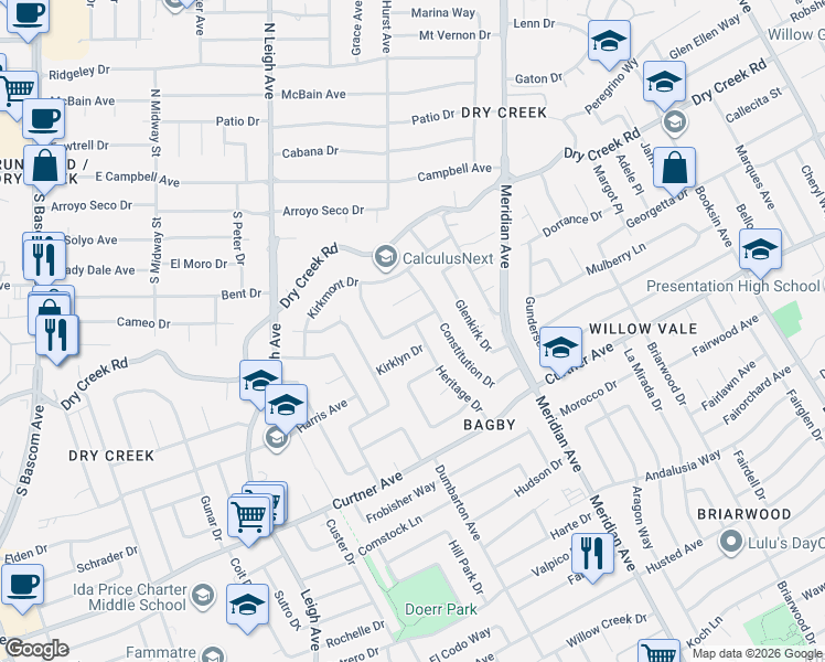 map of restaurants, bars, coffee shops, grocery stores, and more near 2192 Northampton Drive in San Jose