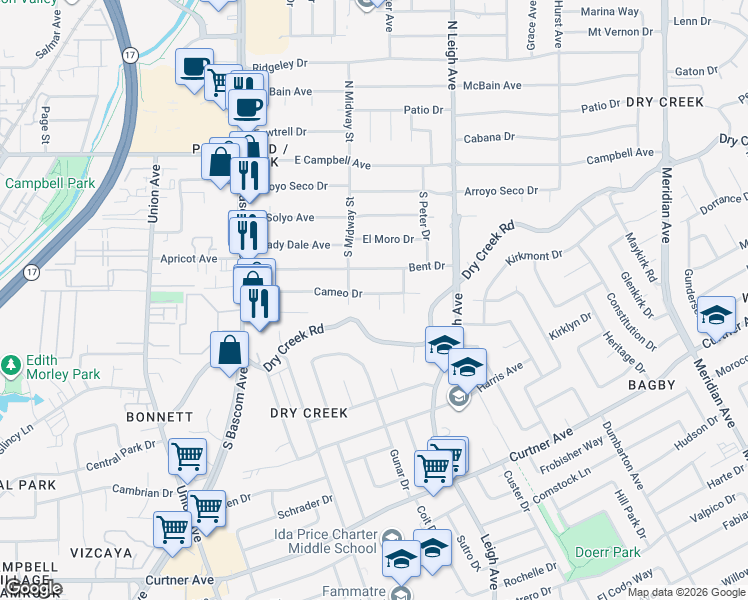 map of restaurants, bars, coffee shops, grocery stores, and more near 1325 Cameo Drive in Campbell