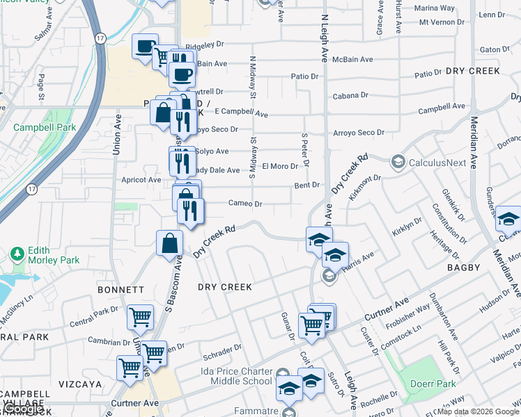 map of restaurants, bars, coffee shops, grocery stores, and more near 1325 Cameo Drive in Campbell