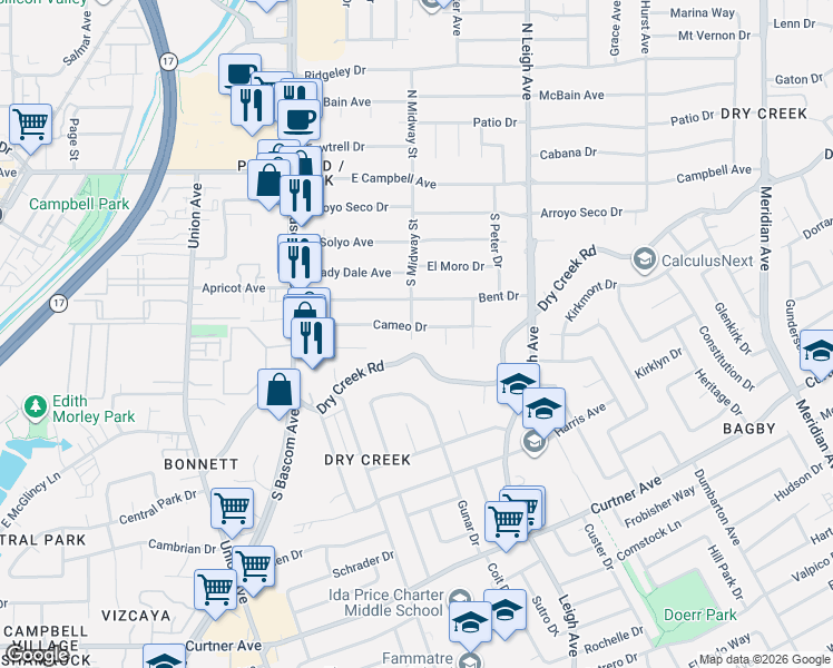 map of restaurants, bars, coffee shops, grocery stores, and more near 271 South Midway Street in Campbell