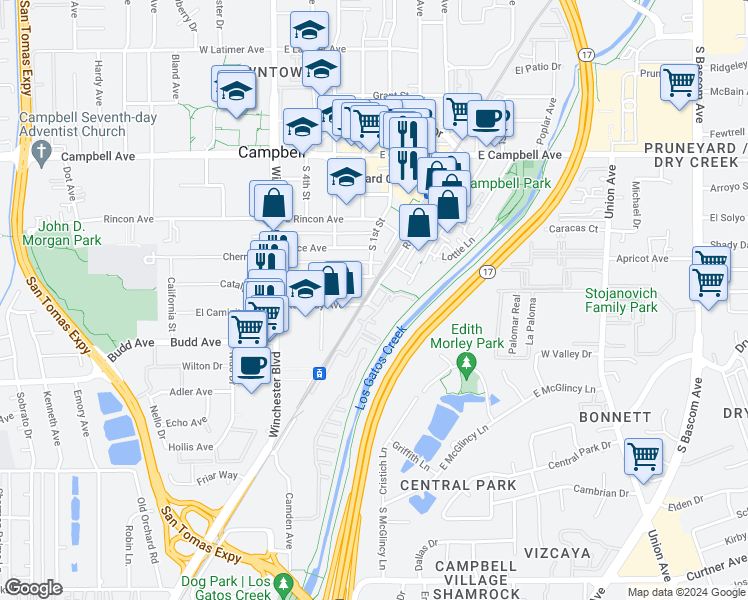 map of restaurants, bars, coffee shops, grocery stores, and more near 226 Sunnyside Avenue in Campbell