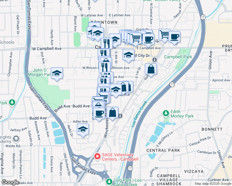 map of restaurants, bars, coffee shops, grocery stores, and more near 72 Sunnyside Avenue in Campbell