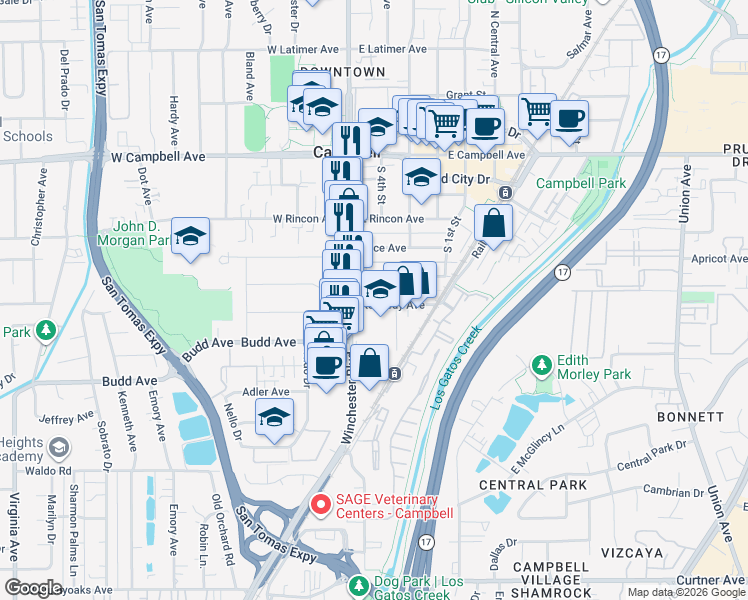 map of restaurants, bars, coffee shops, grocery stores, and more near 72 Sunnyside Avenue in Campbell