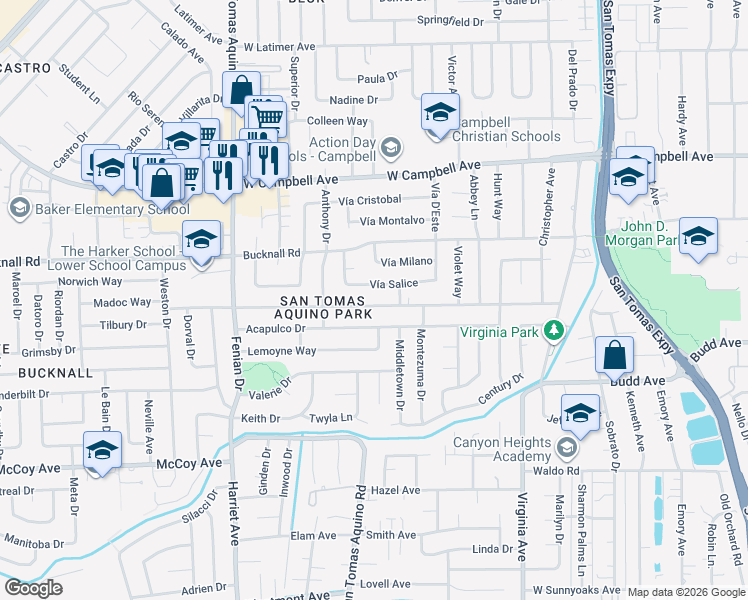 map of restaurants, bars, coffee shops, grocery stores, and more near 3956 Vía Salice in Campbell