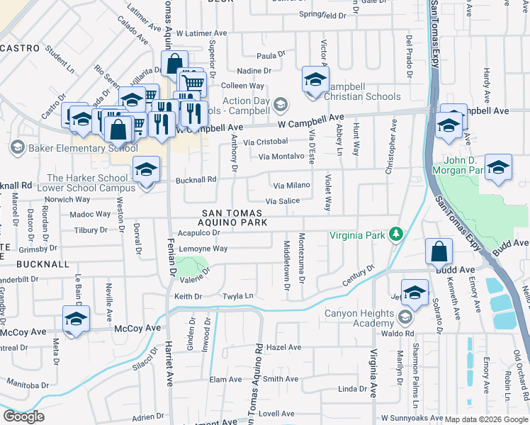 map of restaurants, bars, coffee shops, grocery stores, and more near 3956 Vía Salice in Campbell